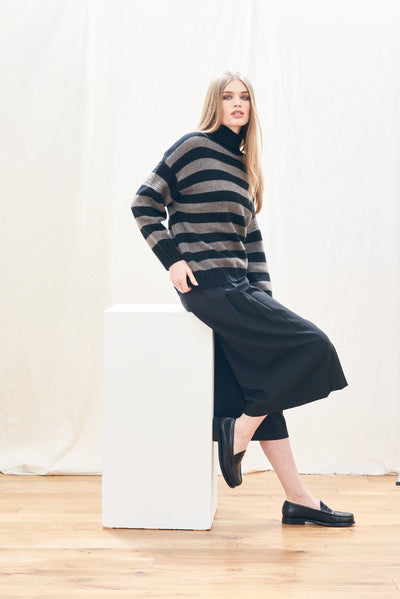 STRIPE BRETON CASHMERE WOOL TURTLENECK IN BLACK/MOOSE - Romi Boutique