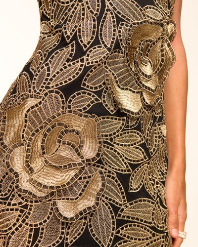 MAYBELL FLORAL EMBELLISHED MINI DRESS IN BLACK/GOLD FLOWER