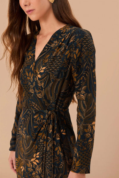 MINI WRAP DRESS IN DOTTED FOREST TEAL