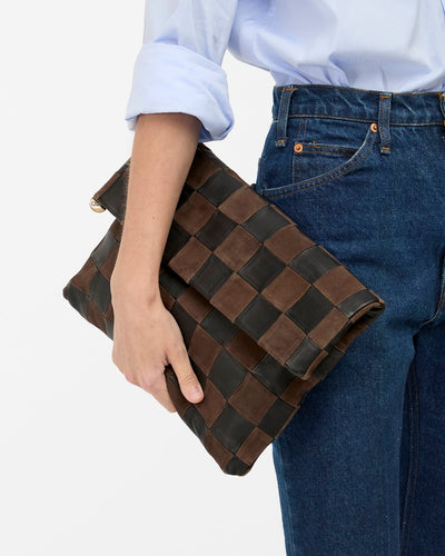CARRYALL CLUTCH NAPPA & SUEDE OVERSIZED CHECKER W/ TABS IN BLACK & CHOCOLATE