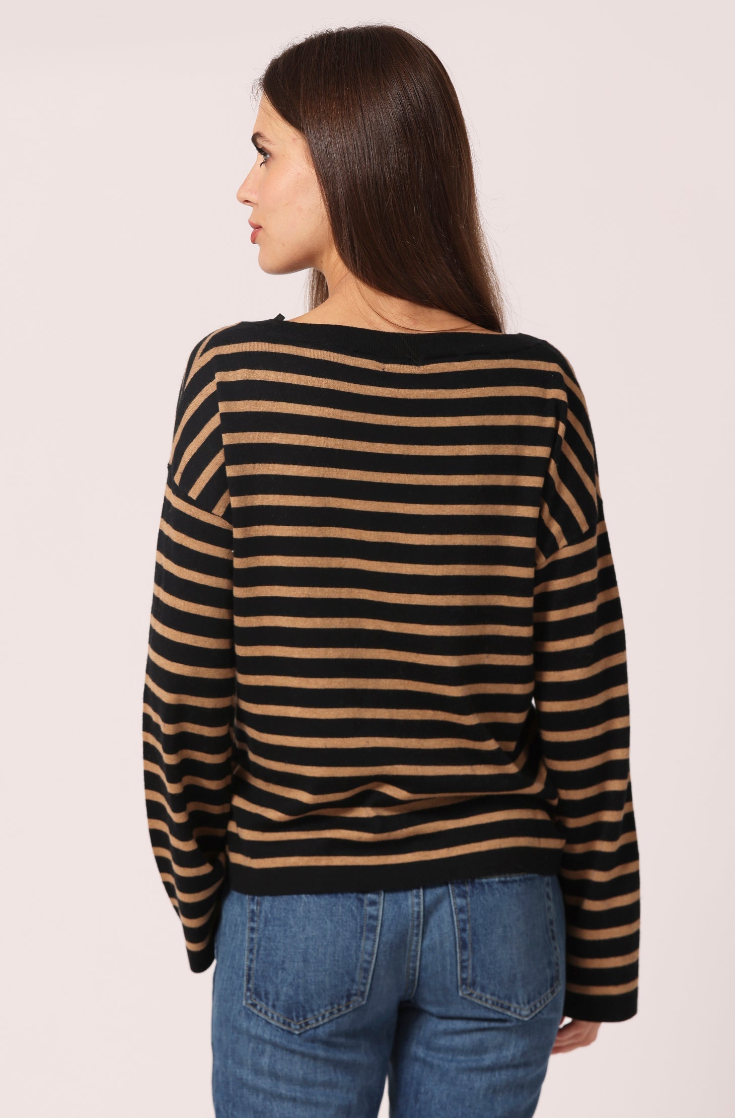 Minnie Rose SUPIMA STRIPED WIDE V NECK at Romi Boutique
