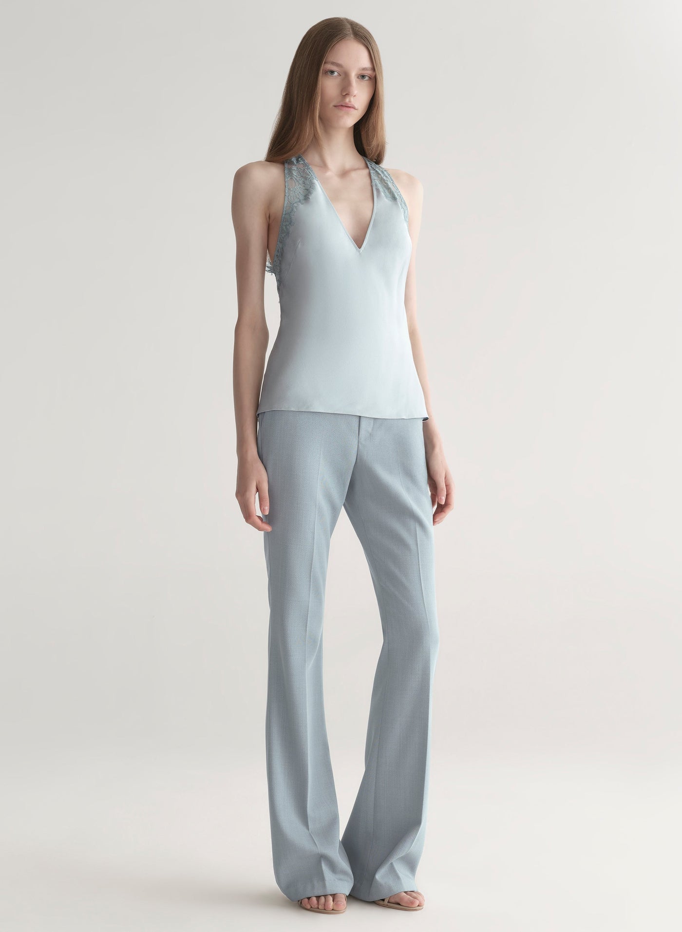 WES SATIN AND LACE TOP IN SLATE BLUE/GREY SKY