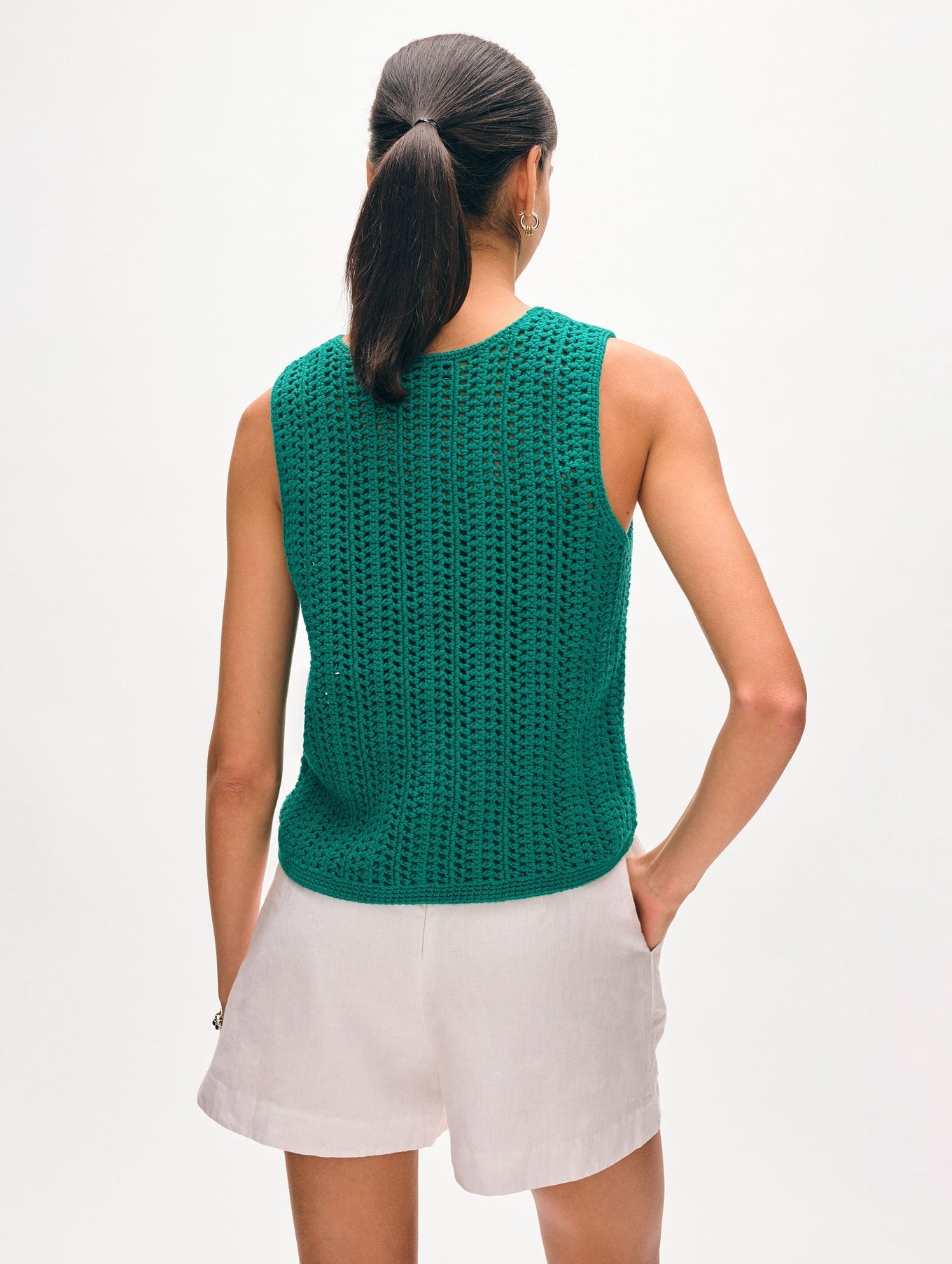 White & Warren LOFTY COTTON CROCHET SLEEVELESS TANK at Romi Boutique