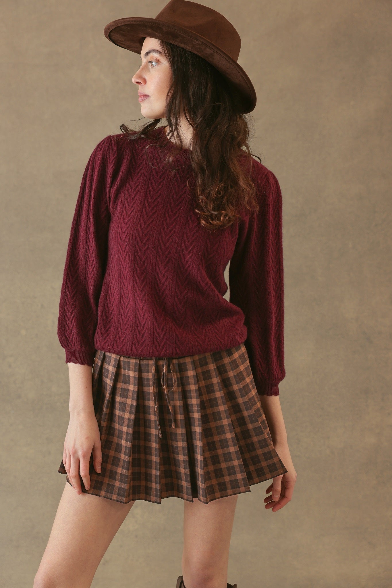 CHARLENE 3/4 SLEEVE TEXTURED CREWNECK IN PINOT