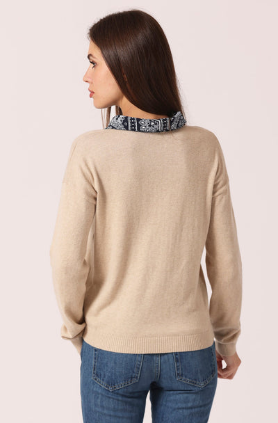 COTTON CASHMERE WOVEN BANDANA COLLAR PULLOVER IN BROWN SUGAR - Romi Boutique
