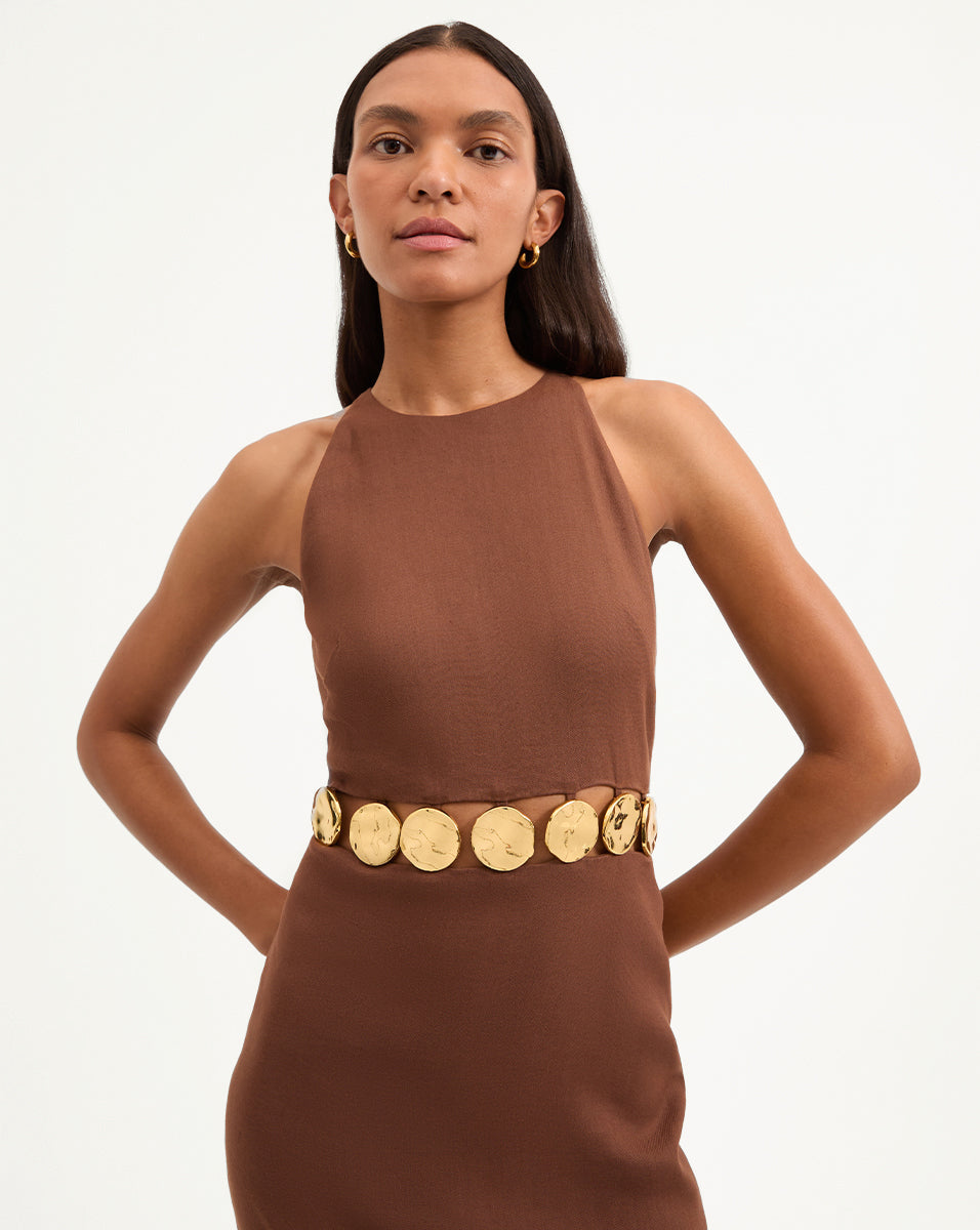 ISLA GOLD-MEDALLION MIDI DRESS IN LIGHT CHICORY