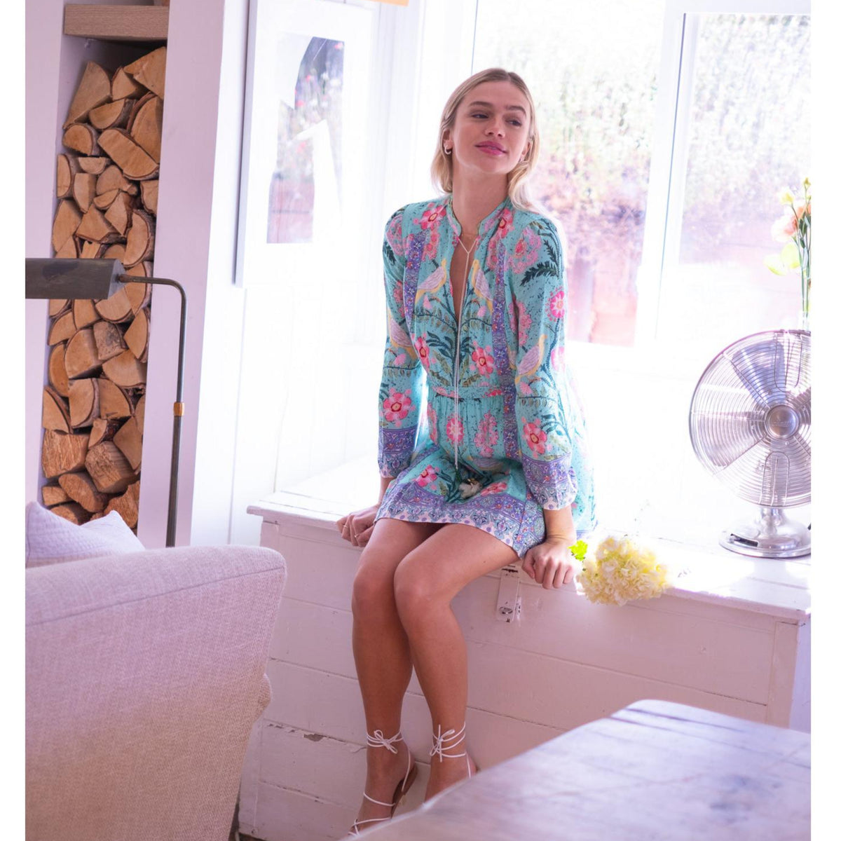 ROSE MINI DRESS IN GREEN PINK BIRD PRINT