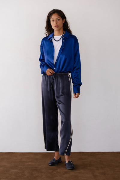 THE SILK STRIPE CROP PANT IN NAVY