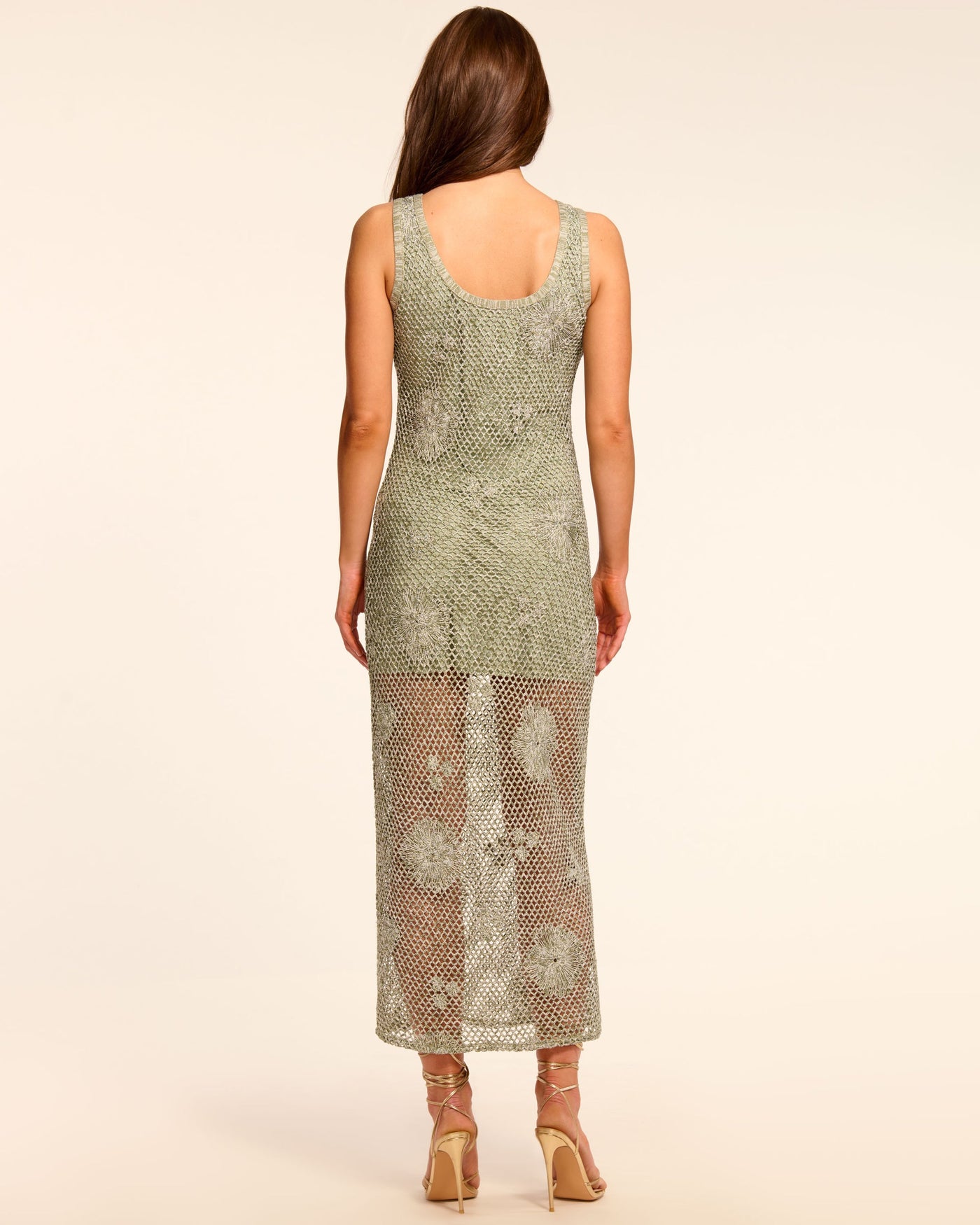 LILIANA METALLIC MIDI DRESS IN OLIVE CROCHET