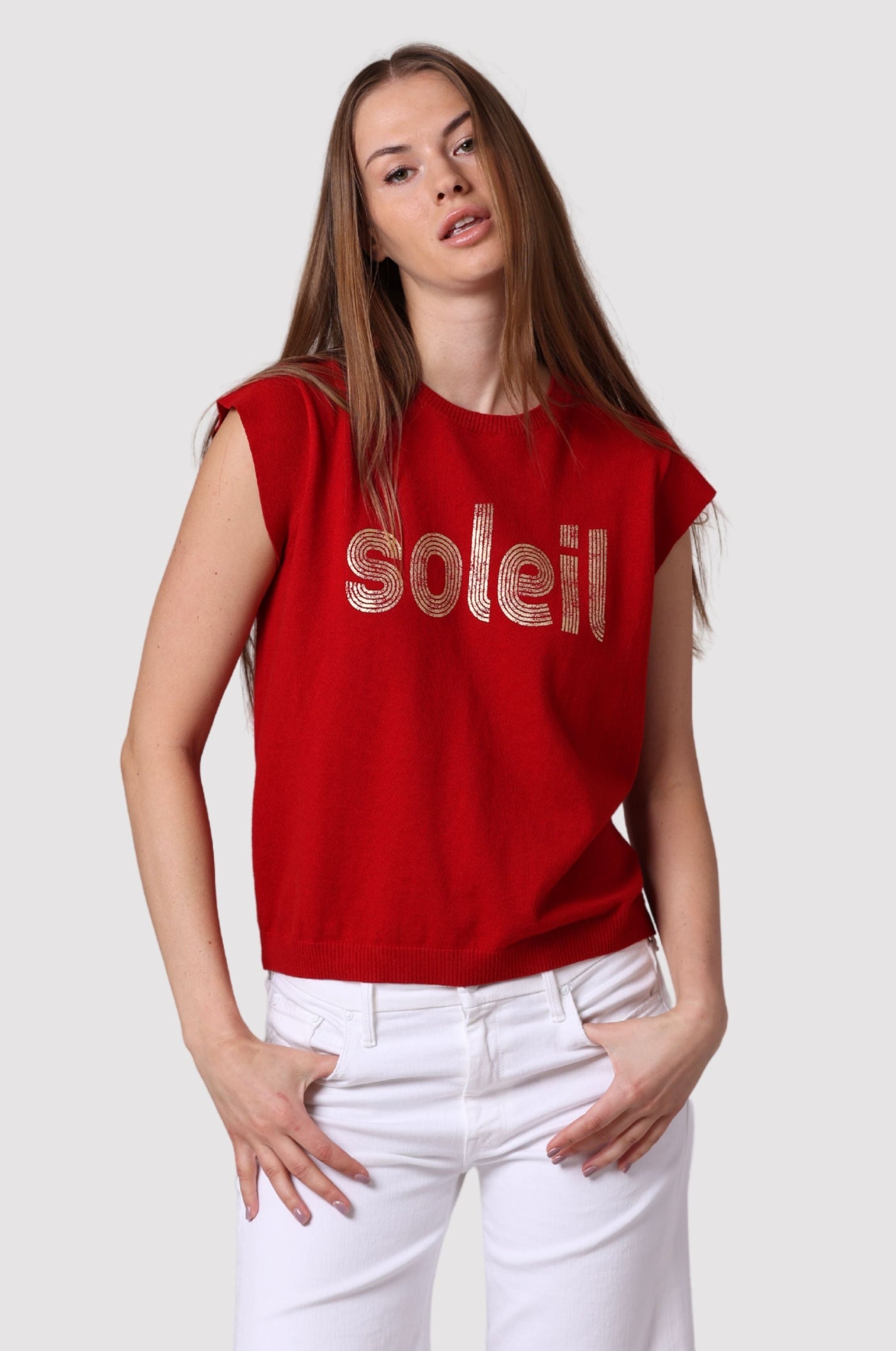 COTTON CASHMERE SOLEIL FOIL PRINT TEE IN LAVA RED - Romi Boutique