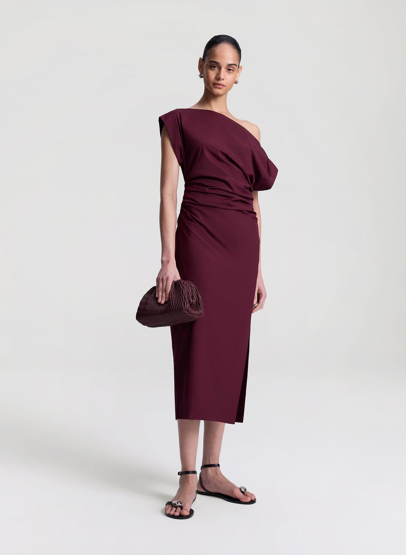 NARA OFF SHOULDER MIDI DRESS IN PLUM - Romi Boutique