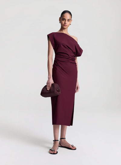 NARA OFF SHOULDER MIDI DRESS IN PLUM - Romi Boutique