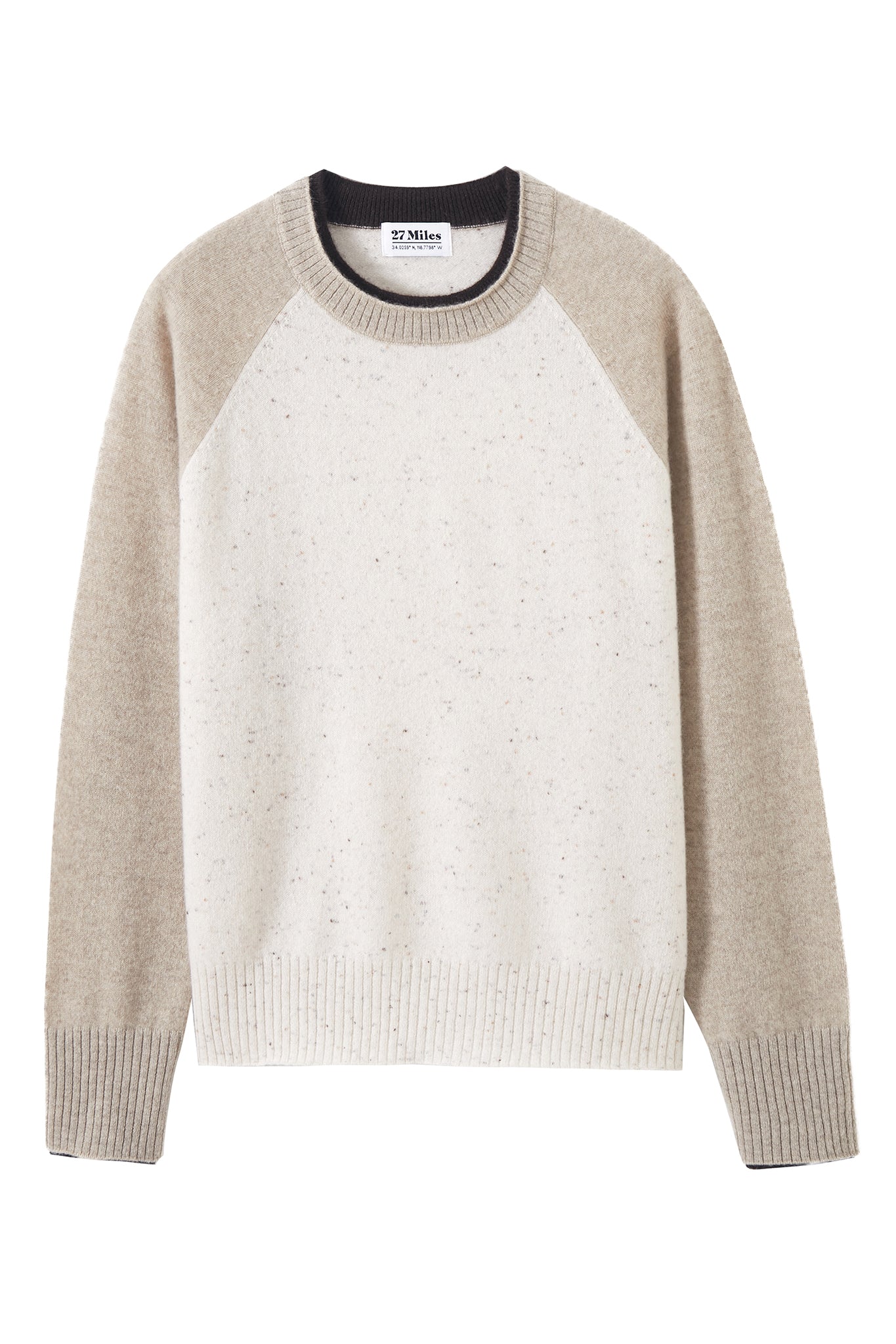 PROCTOR CASHMERE BASEBALL PULLOVER IN COCONUT/OATMEAL/ESPRESSO