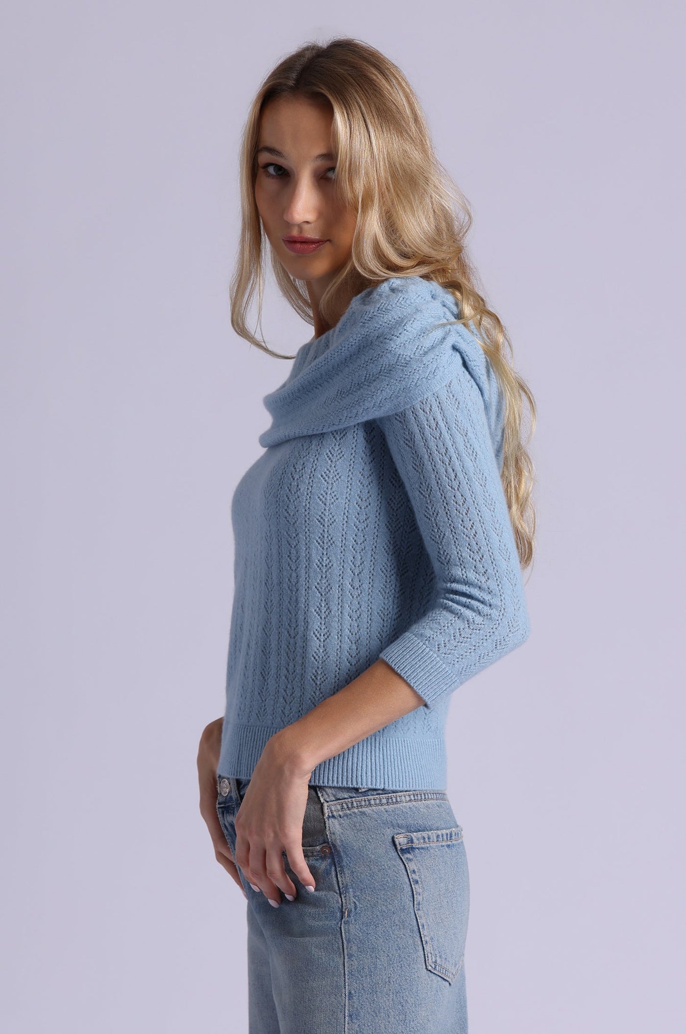 CASHMERE POINTELLE OFF SHOULDER W/ TIER IN FRESCO BLUE