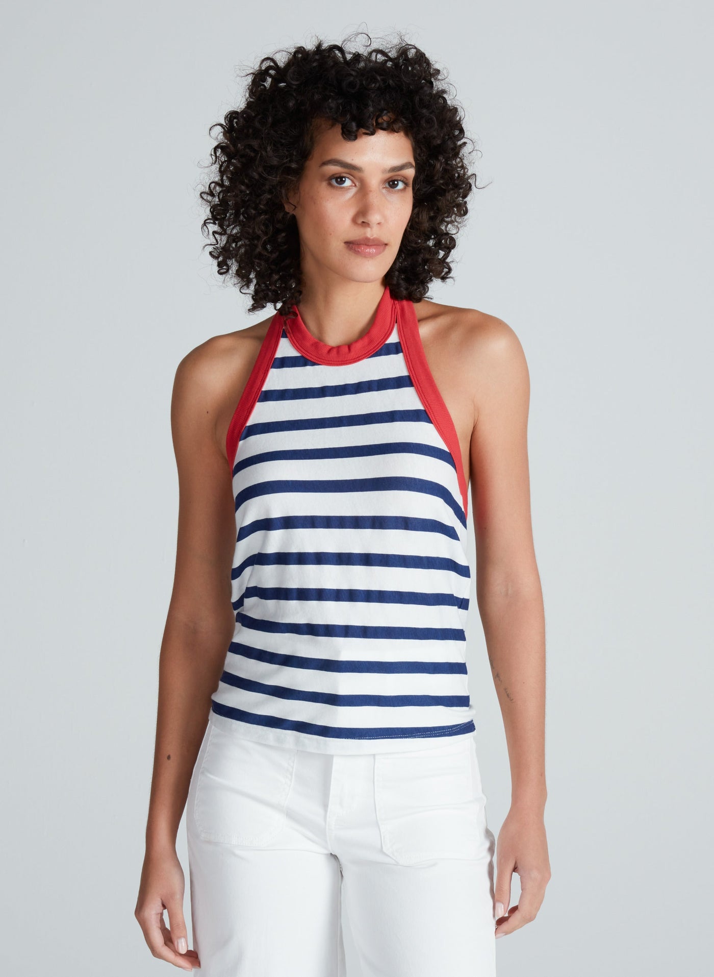 HALTER TANK IN THIN NAVY STRIPE