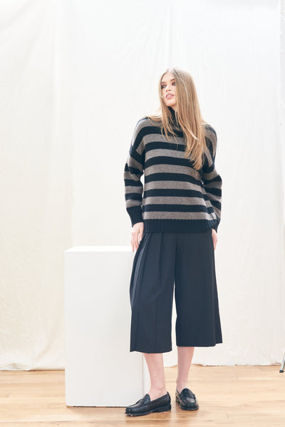 STRIPE BRETON CASHMERE WOOL TURTLENECK IN BLACK/MOOSE - Romi Boutique