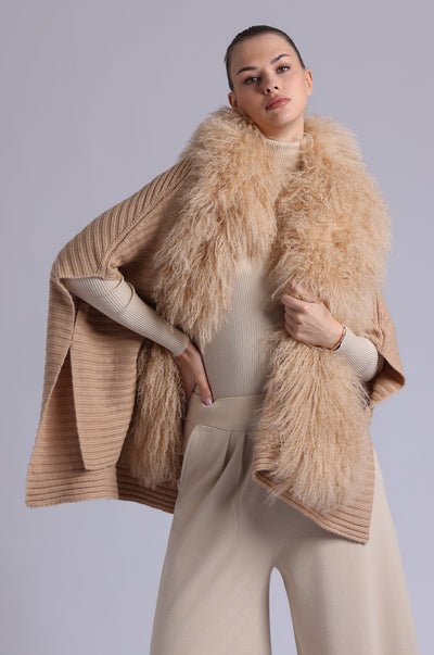 MONGOLIAN FUR CAPE IN CAMEL