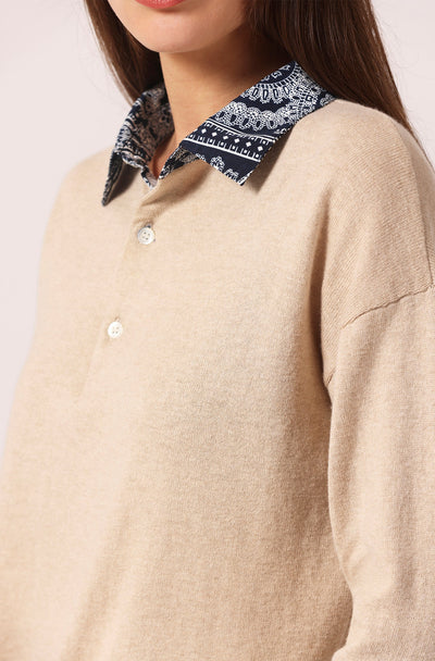 COTTON CASHMERE WOVEN BANDANA COLLAR PULLOVER IN BROWN SUGAR - Romi Boutique