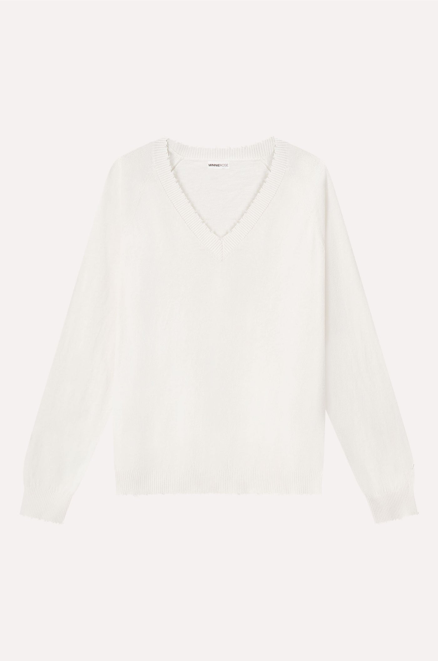 CASHMERE FRAYED EDGE V NECK IN WHITE