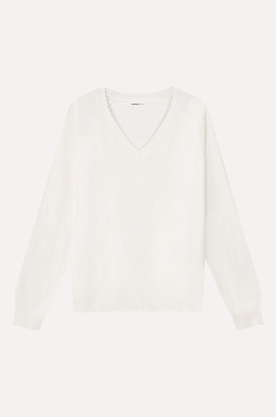 CASHMERE FRAYED EDGE V NECK IN WHITE