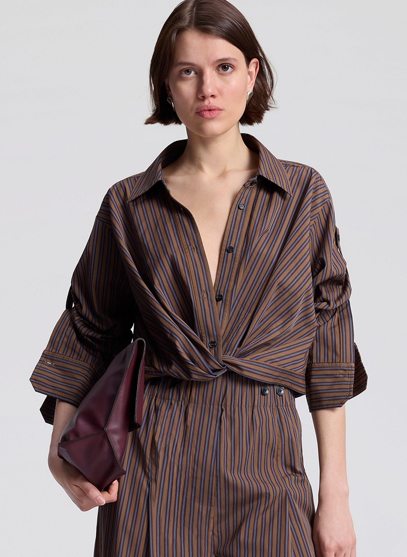 LEO STRIPED COTTON SHIRT IN BROWN MULTI - Romi Boutique