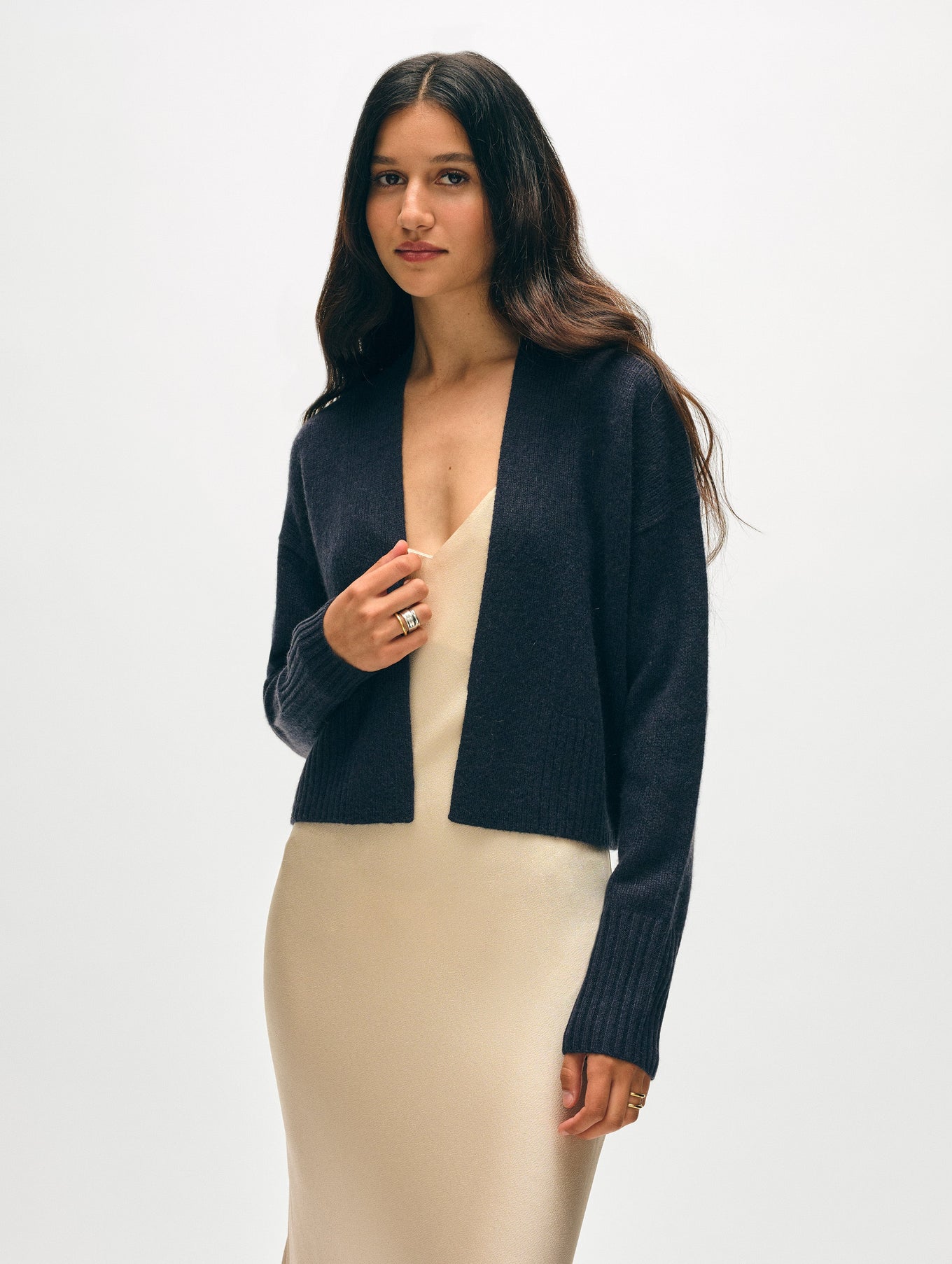 CASHMERE OPEN FRONT CARDIGAN IN DEEP NAVY