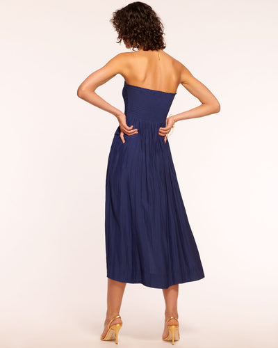 BLAIR STRAPLESS SMOCKED MIDI DRESS IN SPRING NAVY - Romi Boutique