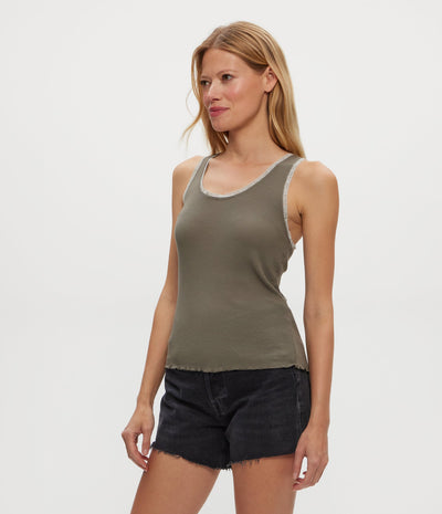 MILEY SUPIMA RIB LACE TANK IN OLIVE - Romi Boutique