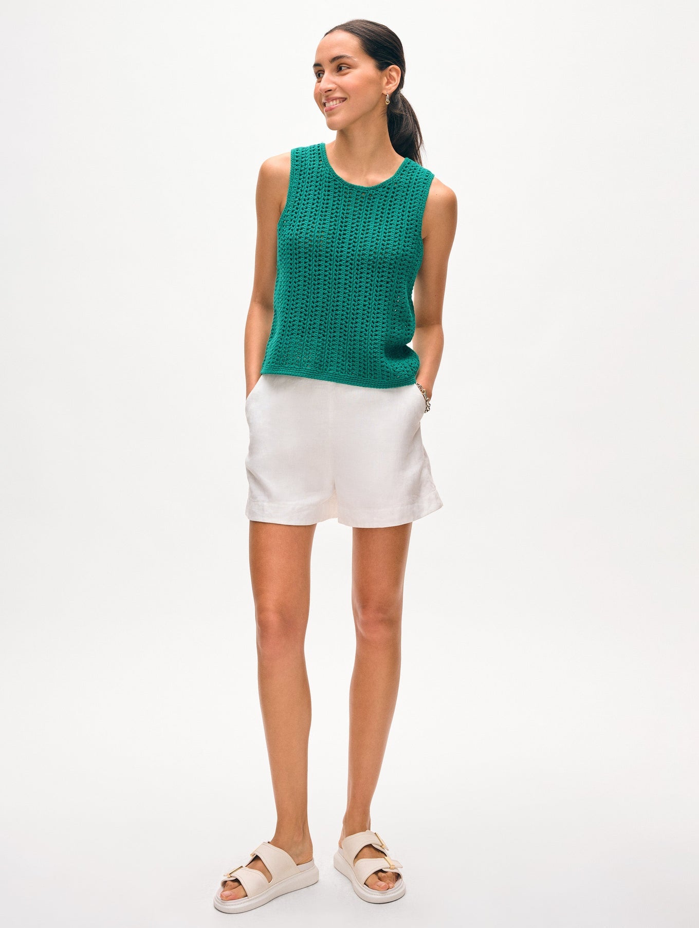 White & Warren LOFTY COTTON CROCHET SLEEVELESS TANK at Romi Boutique