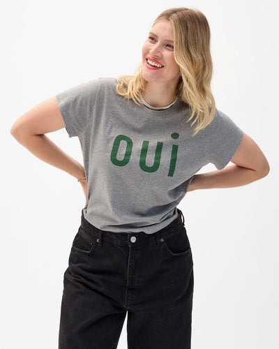 OUI CLASSIC TEE IN GREY MELANGE WITH EVERGREEN - Romi Boutique