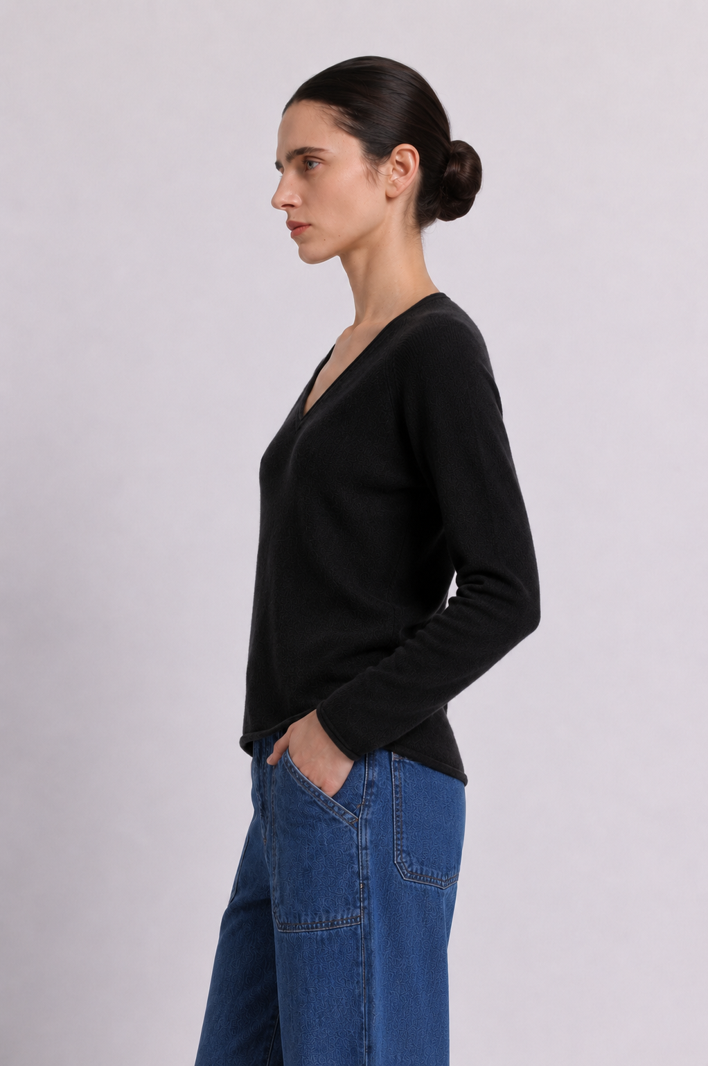 Minnie Rose Sheer Luxury Cashmere Long Sleeve V Neck with Rolled Trims at Romi Boutique