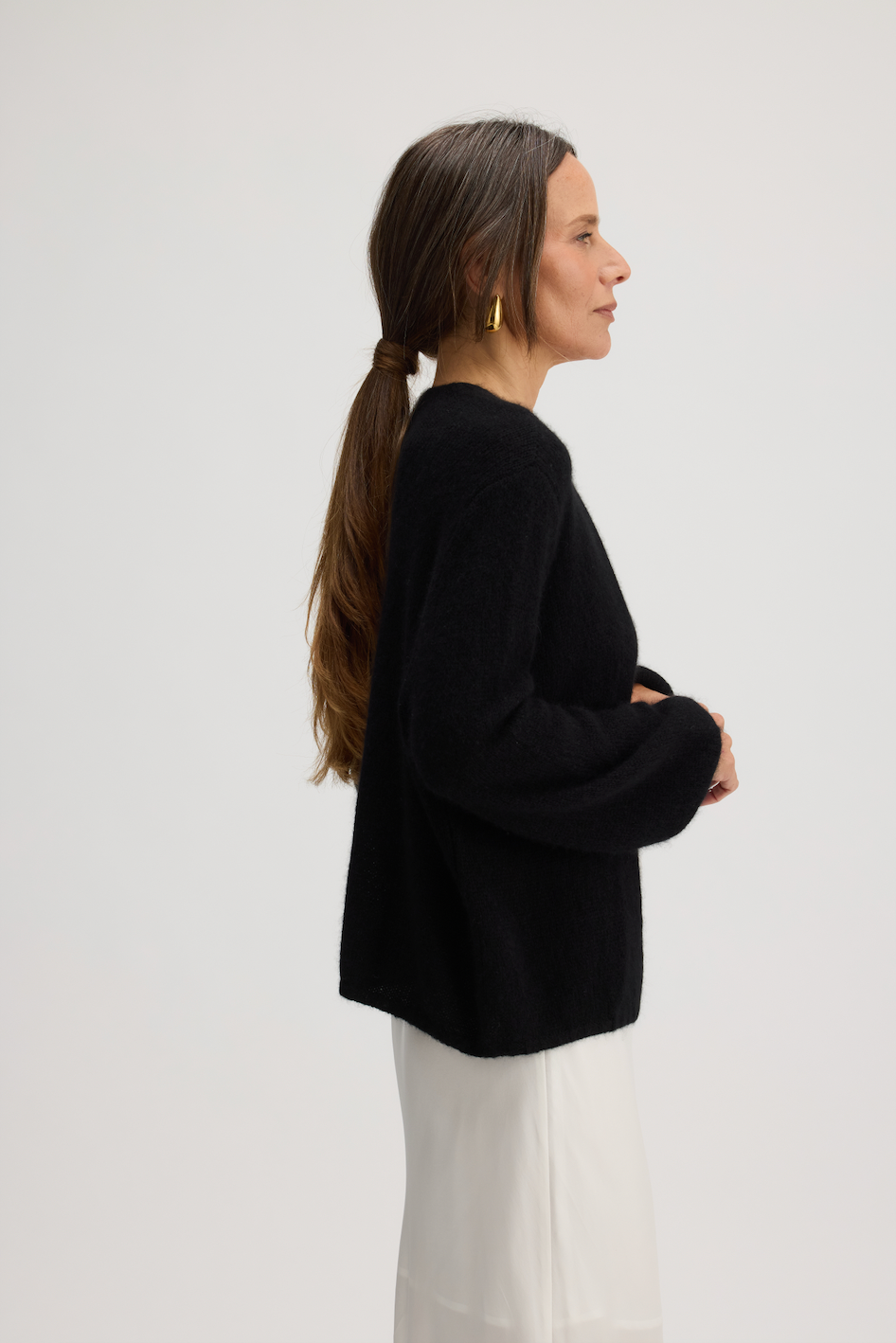 JUNIPER BALLOON-SLEEVE OPEN CARDIGAN IN BLACK