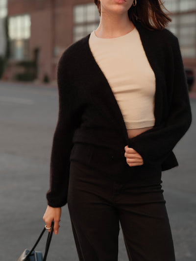 JUNIPER BALLOON-SLEEVE OPEN CARDIGAN IN BLACK