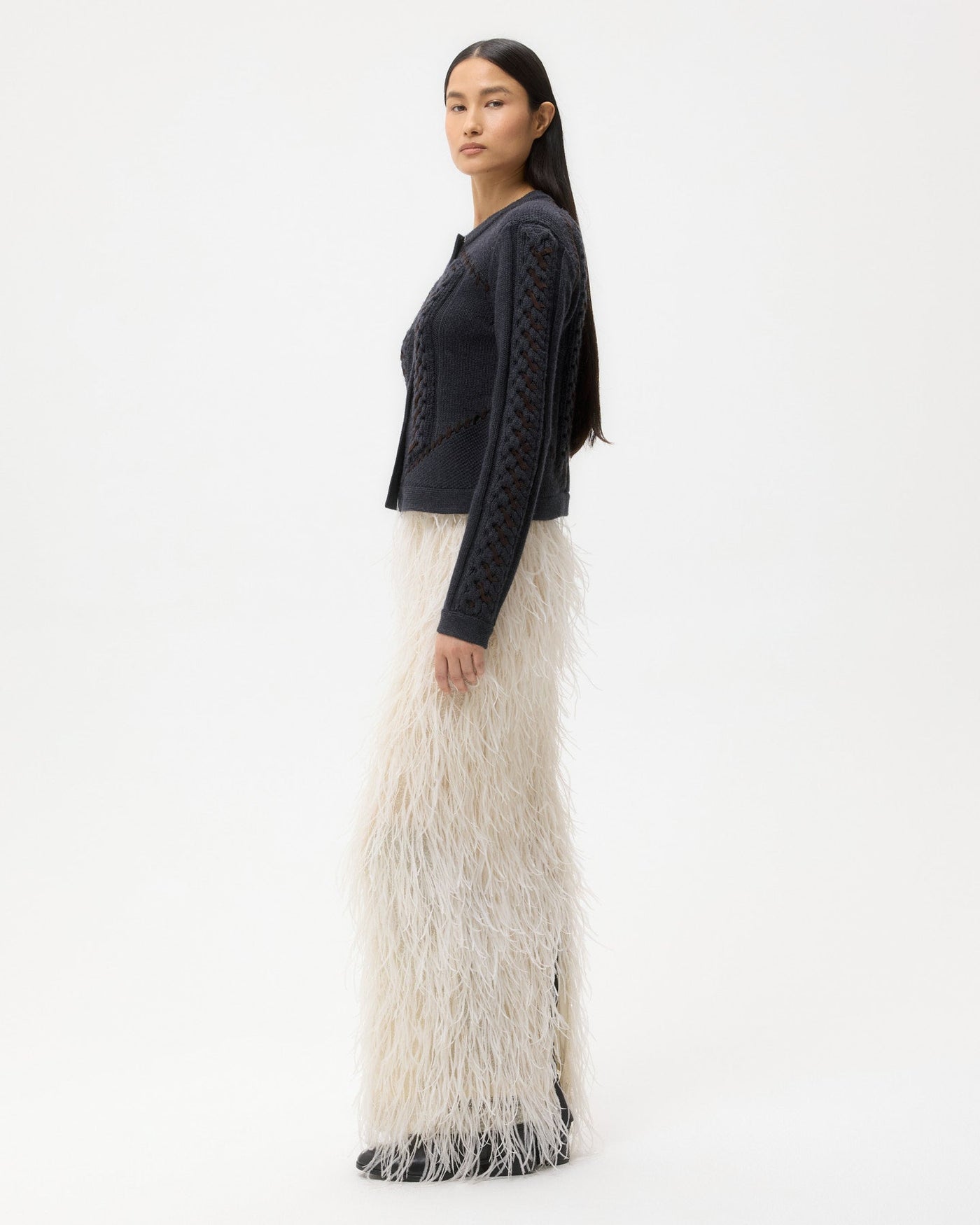 SUEDE CABLE SWEATER JACKET IN CHARCOAL