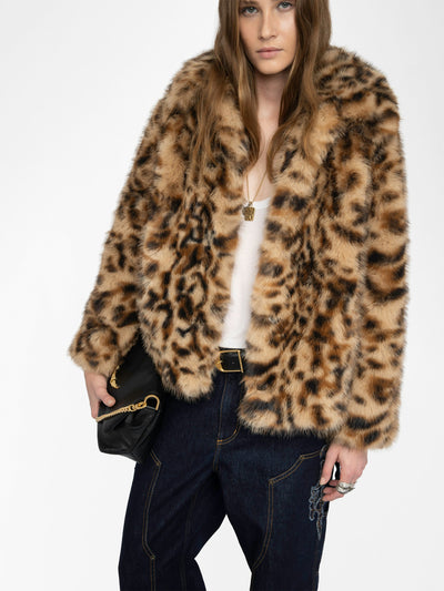 FINITO LEOPARD PRINT FAUX FUR COAT IN WOOD