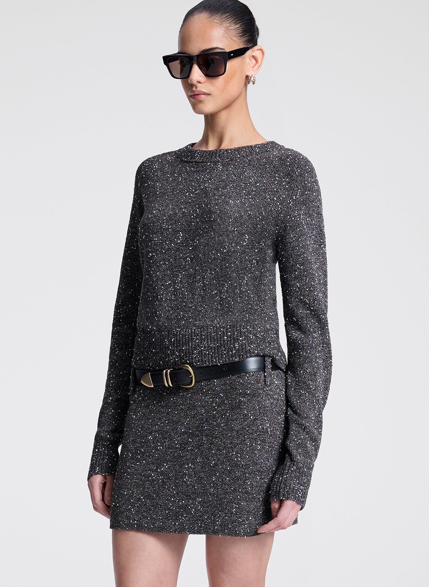 STELLA BOUCLE TWEED MINI SKIRT IN CHARCOAL/DARK BROWN