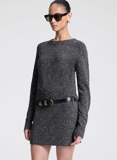 STELLA BOUCLE TWEED MINI SKIRT IN CHARCOAL/DARK BROWN