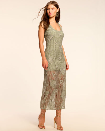 LILIANA METALLIC MIDI DRESS IN OLIVE CROCHET