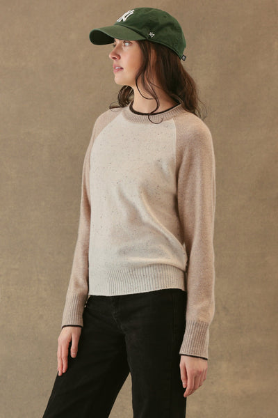 PROCTOR CASHMERE BASEBALL PULLOVER IN COCONUT/OATMEAL/ESPRESSO