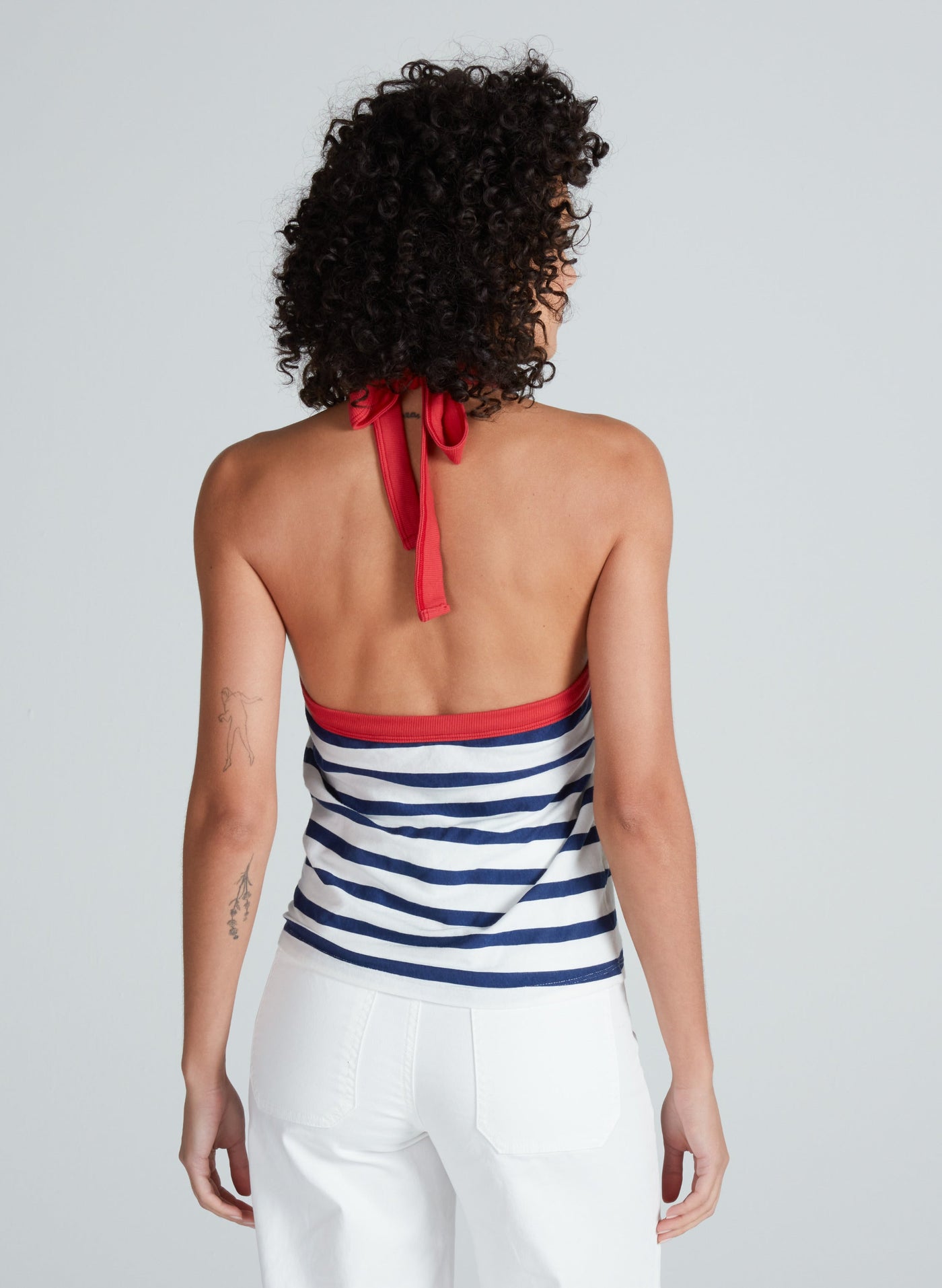 HALTER TANK IN THIN NAVY STRIPE