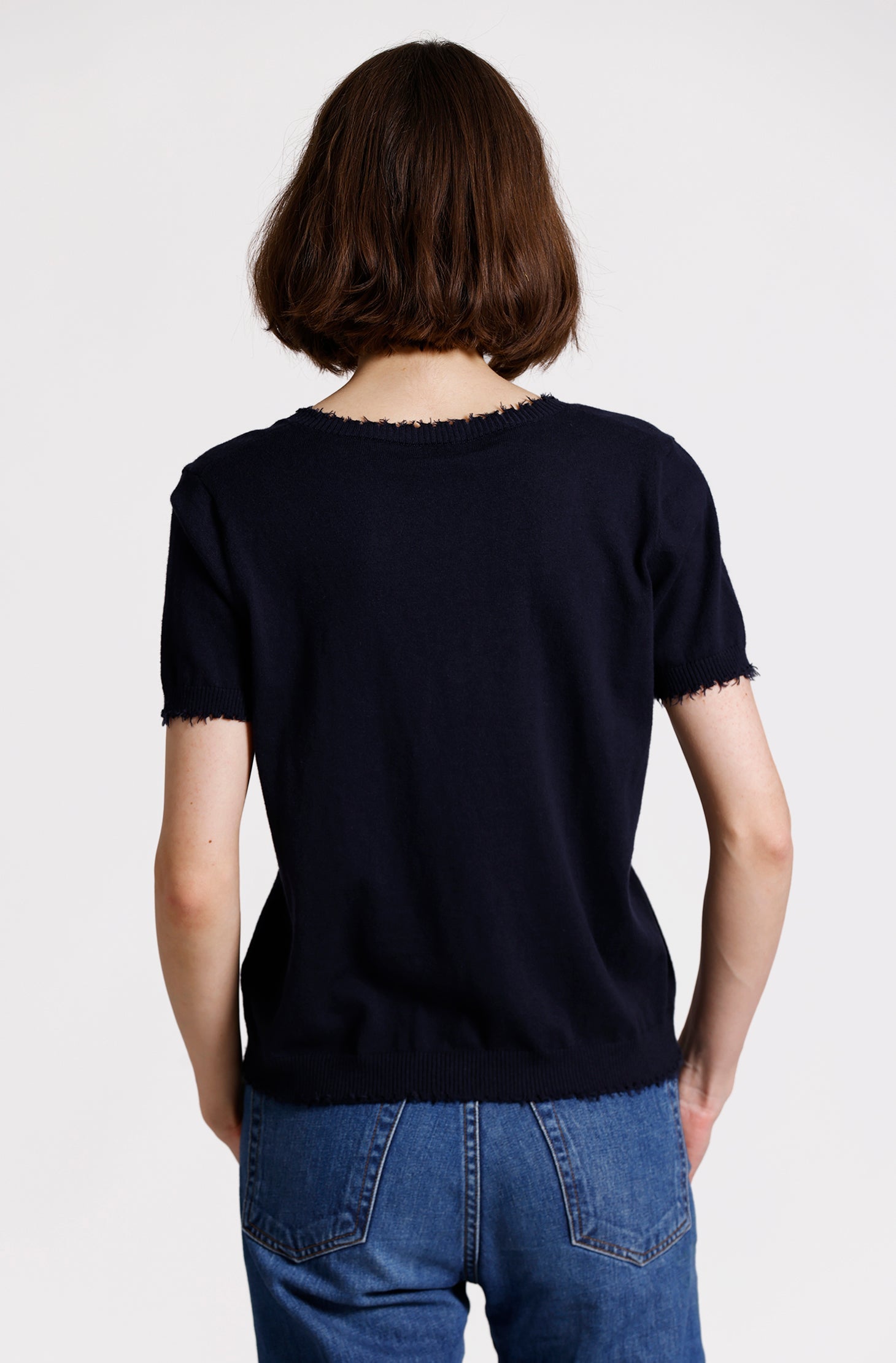 Minnie Rose COTTON CASHMERE FRAYED V TEE at Romi Boutique