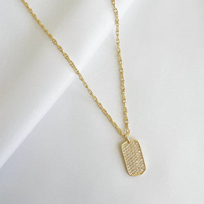 PAVE CZ DOG TAG PENDANT NECKLACE IN GOLD - Romi Boutique