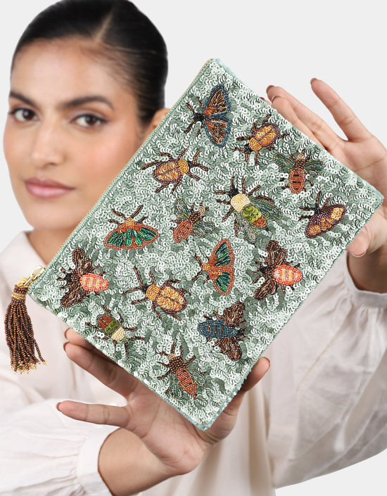 LARGE INSECT SEQUIN POUCH WITH CHAIN IN SAGE