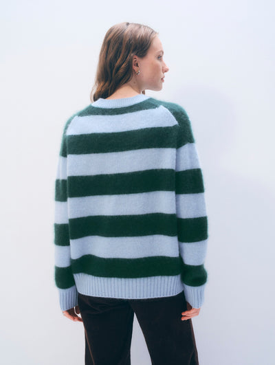 BRUSHED CASHMERE STRIPED CREW IN BLUE/TEALWOOD