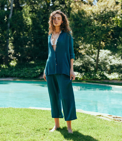 PETITE MEDINA CROPPED GAUZE PANT IN LAGOON - Romi Boutique