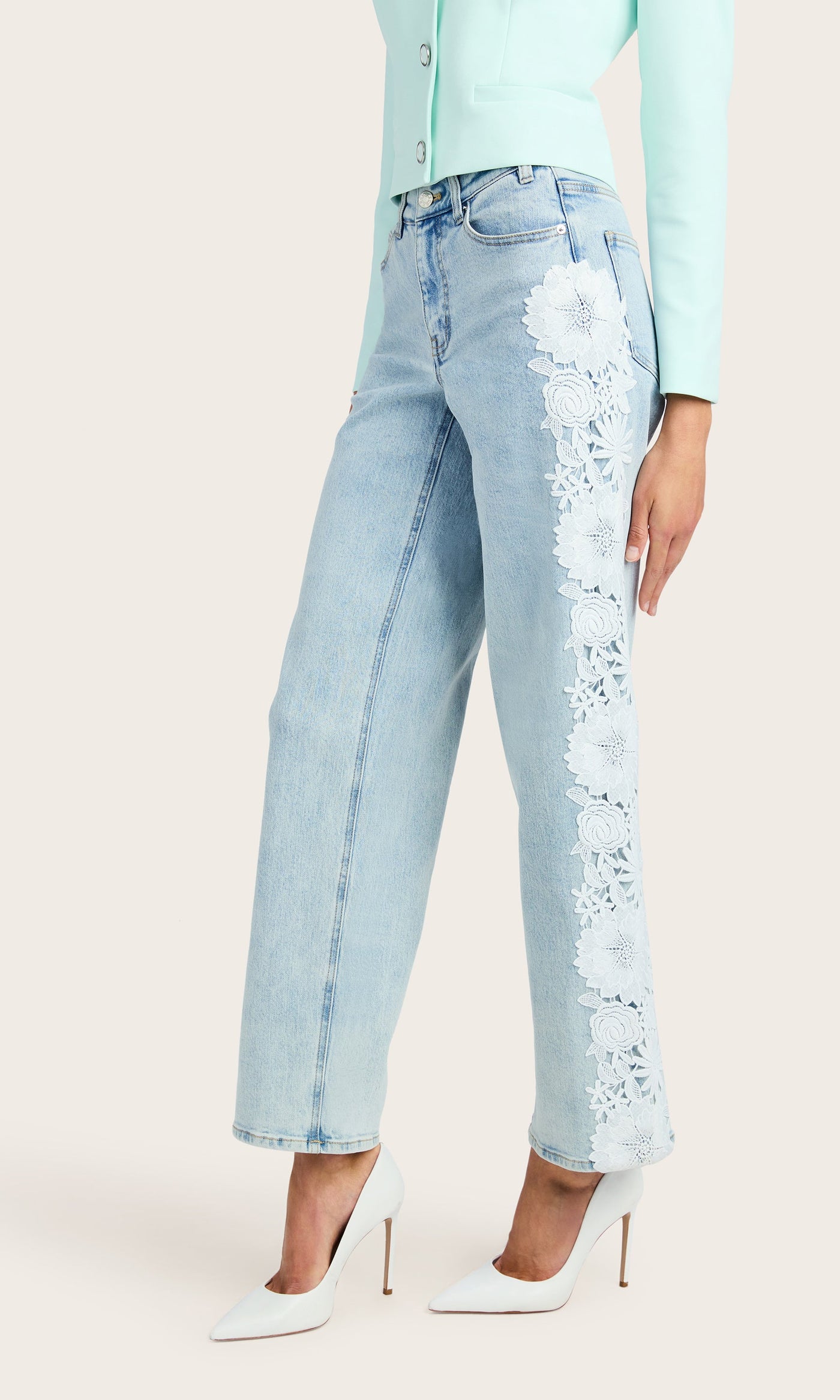 JETHRO LACE COMBO DENIM JEAN IN ICE BLUE/WHITE - Romi Boutique