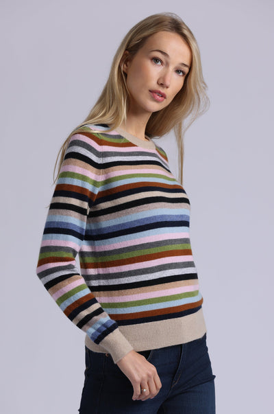 CASHMERE STRIPED LONG SLEEVE CREW IN MULTI STRIPE