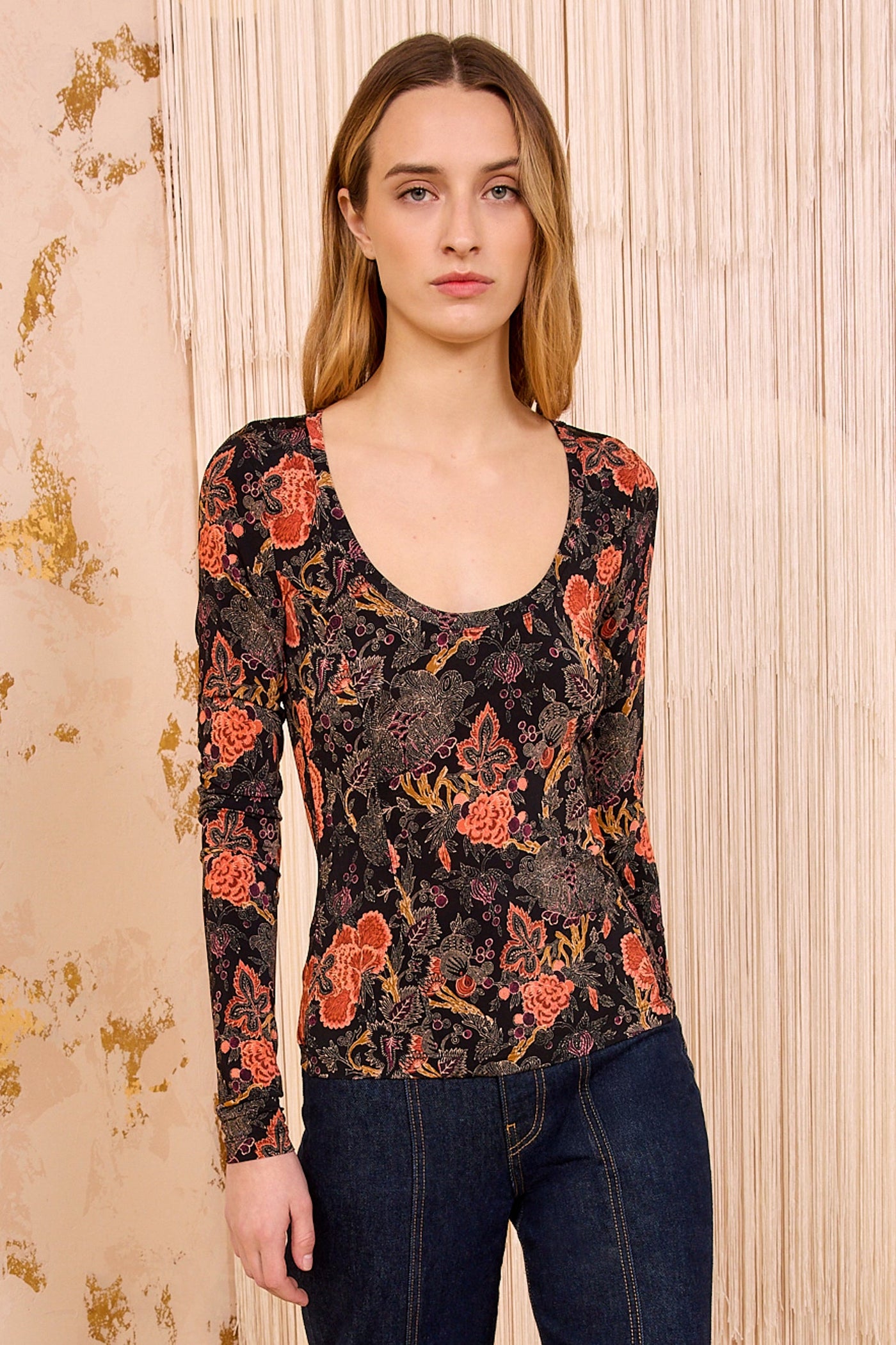 ARIS JERSEY LONG SLEEVE U-NECK TOP IN NIGHT LILY