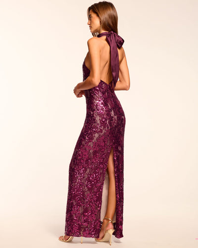 TATIANA SEQUIN LACE HALTER GOWN IN BLACKBERRY - Romi Boutique