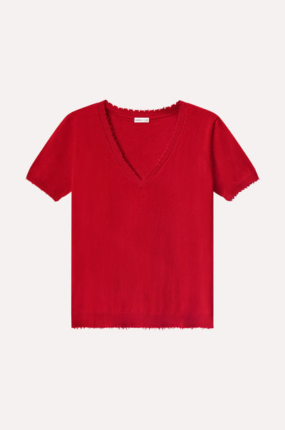 COTTON CASHMERE FRAYED V TEE IN LAVA RED - Romi Boutique